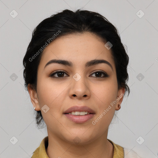 Joyful asian young-adult female with medium  black hair and brown eyes