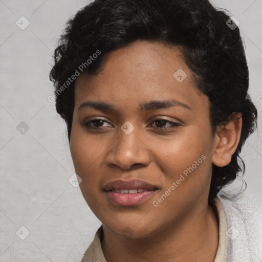 Joyful latino young-adult female with short  black hair and brown eyes