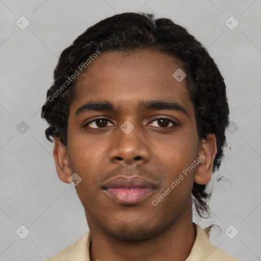 Neutral black young-adult male with short  black hair and brown eyes