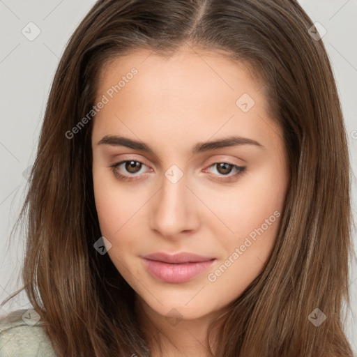 Neutral white young-adult female with long  brown hair and brown eyes