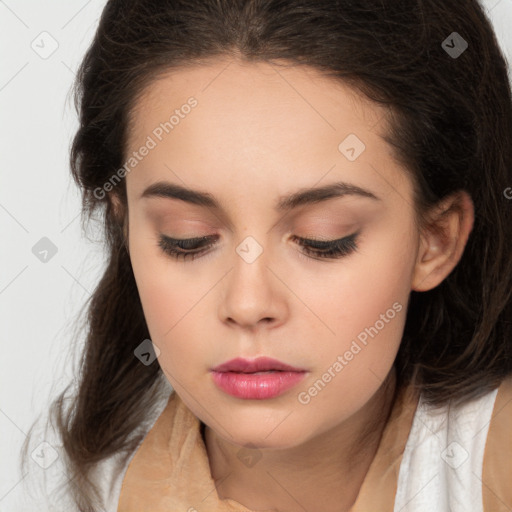 Neutral white young-adult female with long  brown hair and brown eyes