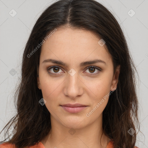 Neutral white young-adult female with long  brown hair and brown eyes