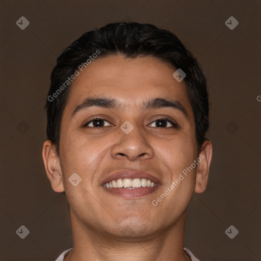 Joyful latino young-adult male with short  brown hair and brown eyes