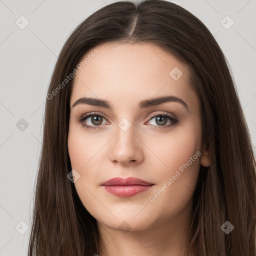 Neutral white young-adult female with long  brown hair and brown eyes