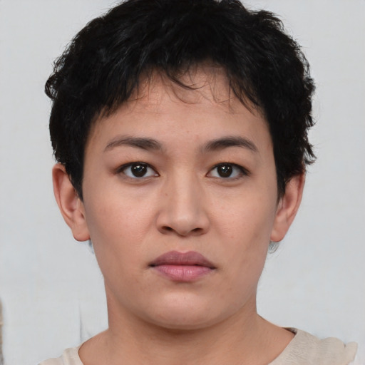 Neutral asian young-adult female with short  brown hair and brown eyes