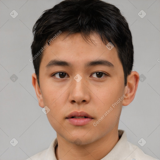 Neutral asian young-adult male with short  brown hair and brown eyes