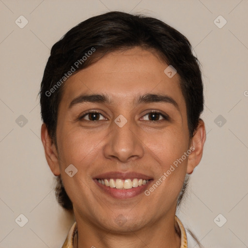 Joyful white young-adult female with short  brown hair and brown eyes