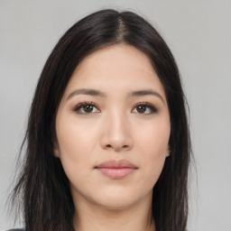 Neutral asian young-adult female with long  brown hair and brown eyes