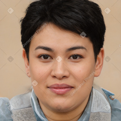 Joyful asian young-adult female with short  brown hair and brown eyes