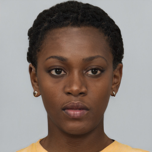 Neutral black young-adult female with short  black hair and brown eyes