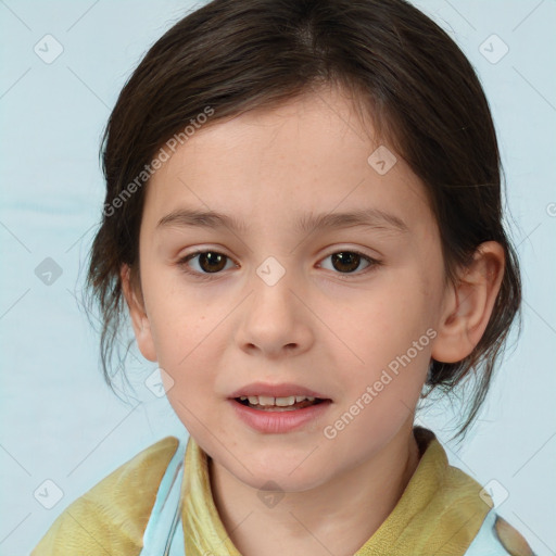 Joyful white child female with medium  brown hair and brown eyes