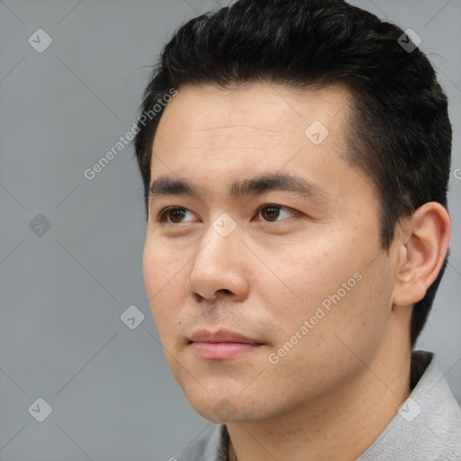 Neutral asian young-adult male with short  black hair and brown eyes