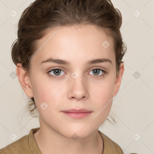 Neutral white young-adult female with medium  brown hair and grey eyes