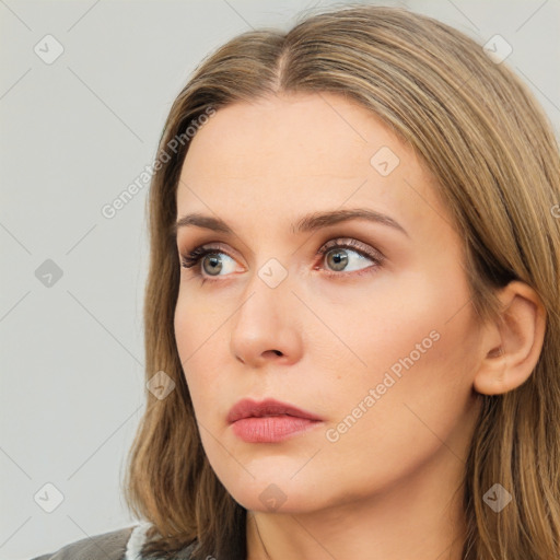 Neutral white young-adult female with long  brown hair and grey eyes