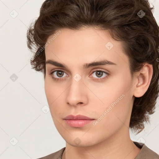 Neutral white young-adult female with medium  brown hair and brown eyes