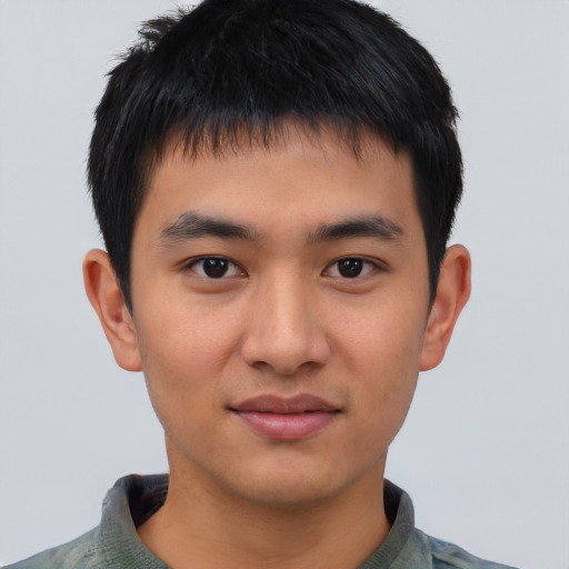 Neutral asian young-adult male with short  brown hair and brown eyes