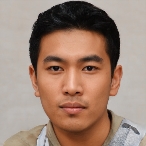 Neutral asian young-adult male with short  black hair and brown eyes