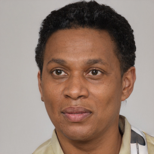 Neutral black adult male with short  black hair and brown eyes