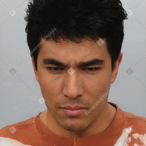 Neutral asian young-adult male with short  brown hair and brown eyes