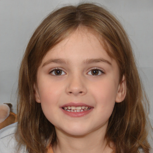 Joyful white child female with medium  brown hair and brown eyes