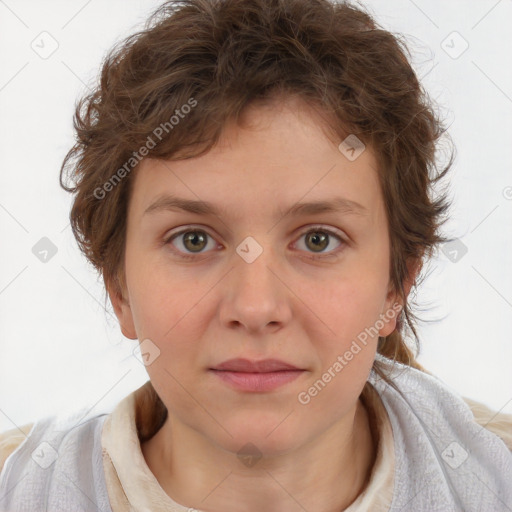 Joyful white child female with medium  brown hair and brown eyes