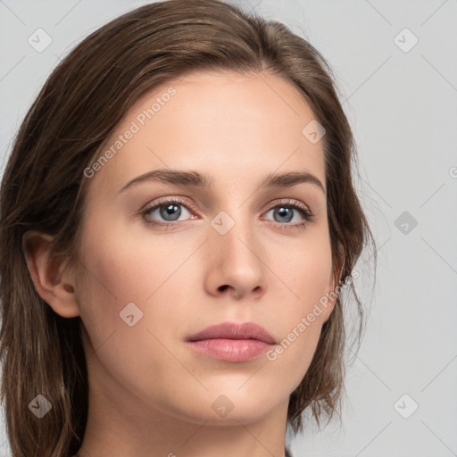 Neutral white young-adult female with medium  brown hair and grey eyes