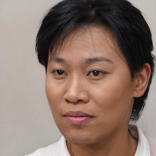 Neutral asian adult female with medium  brown hair and brown eyes