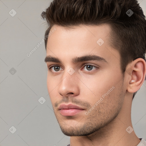 Neutral white young-adult male with short  brown hair and brown eyes