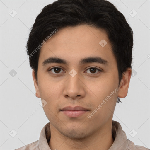 Neutral asian young-adult male with short  black hair and brown eyes