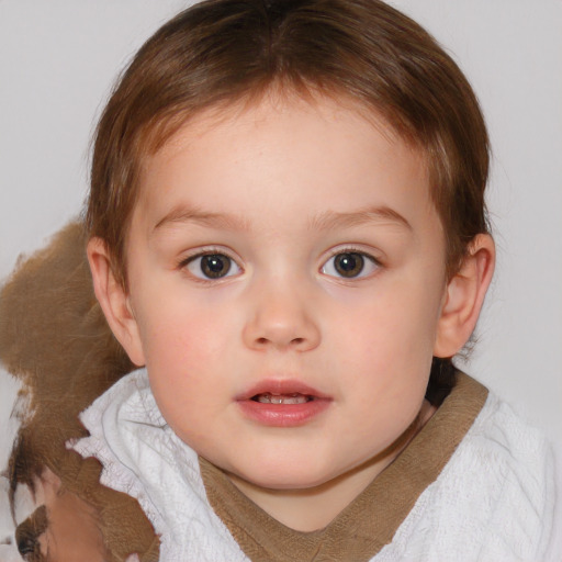 Neutral white child female with medium  brown hair and blue eyes