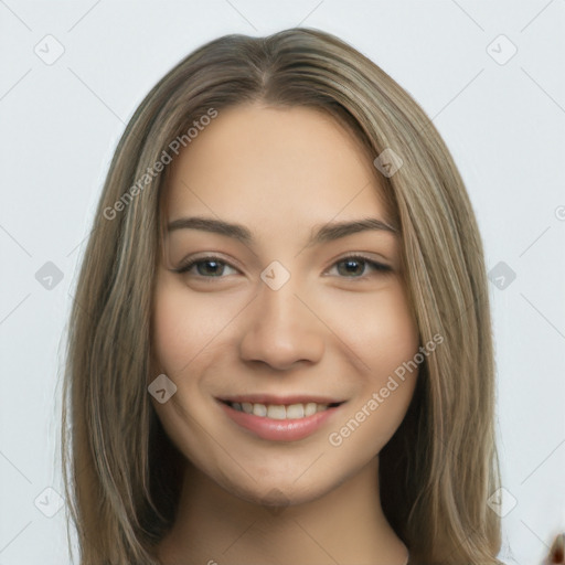 Joyful white young-adult female with long  brown hair and brown eyes