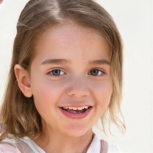 Joyful white child female with medium  brown hair and blue eyes