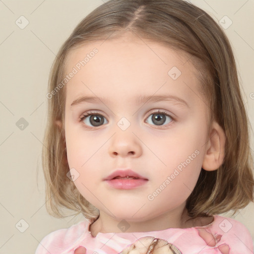 Neutral white child female with medium  brown hair and blue eyes