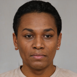Neutral black young-adult female with short  black hair and brown eyes