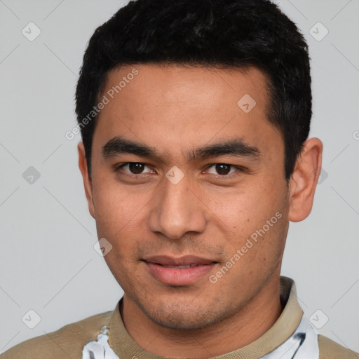 Neutral asian young-adult male with short  black hair and brown eyes