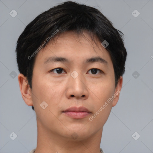 Neutral asian young-adult male with short  brown hair and brown eyes