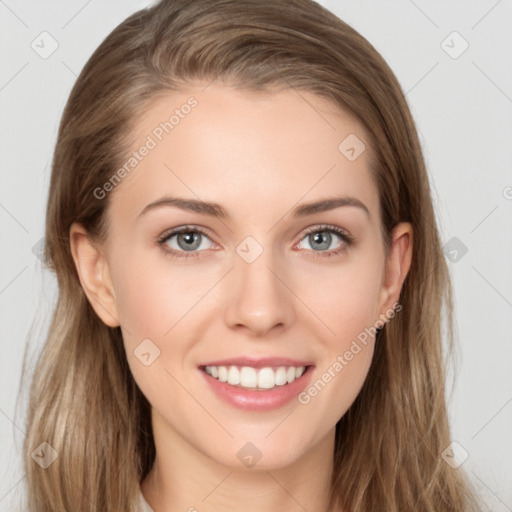 Joyful white young-adult female with long  brown hair and grey eyes