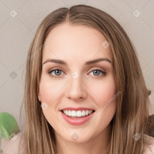 Joyful white young-adult female with long  brown hair and green eyes