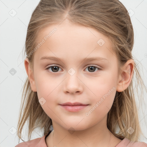 Neutral white child female with medium  brown hair and grey eyes