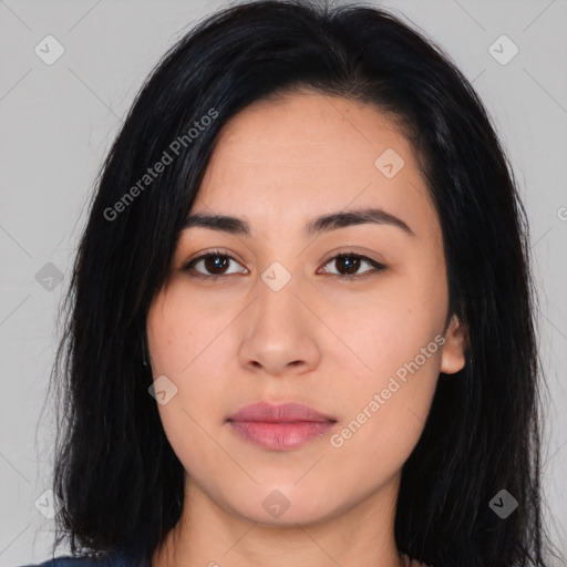 Neutral asian young-adult female with long  black hair and brown eyes