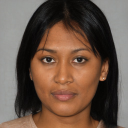 Neutral asian young-adult female with medium  black hair and brown eyes