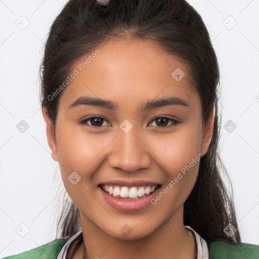 Joyful latino young-adult female with medium  brown hair and brown eyes