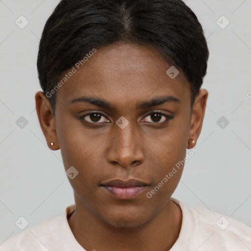 Neutral black young-adult female with short  brown hair and brown eyes