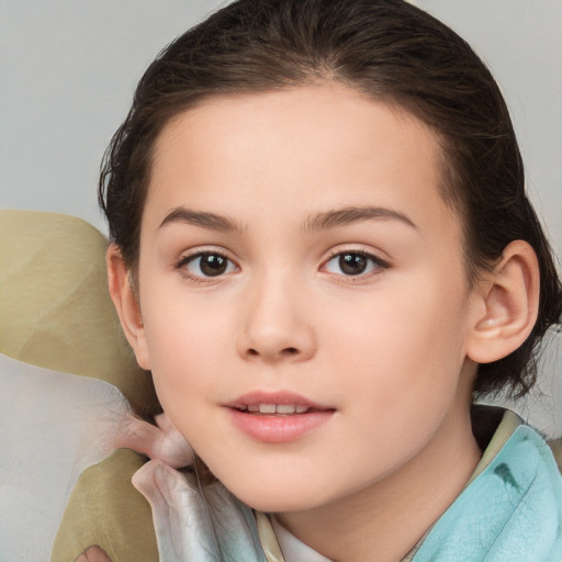 Joyful white child female with medium  brown hair and brown eyes