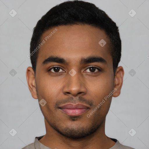 Neutral latino young-adult male with short  black hair and brown eyes