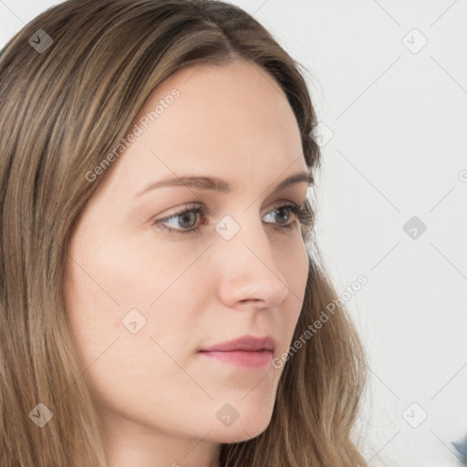 Neutral white young-adult female with long  brown hair and grey eyes