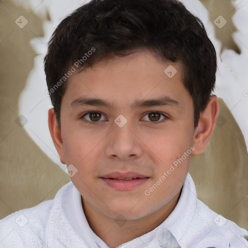 Joyful white child male with short  brown hair and brown eyes