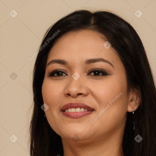 Joyful white young-adult female with long  brown hair and brown eyes