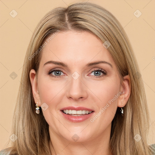 Joyful white young-adult female with long  brown hair and grey eyes