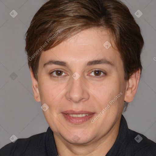 Joyful white adult female with short  brown hair and brown eyes